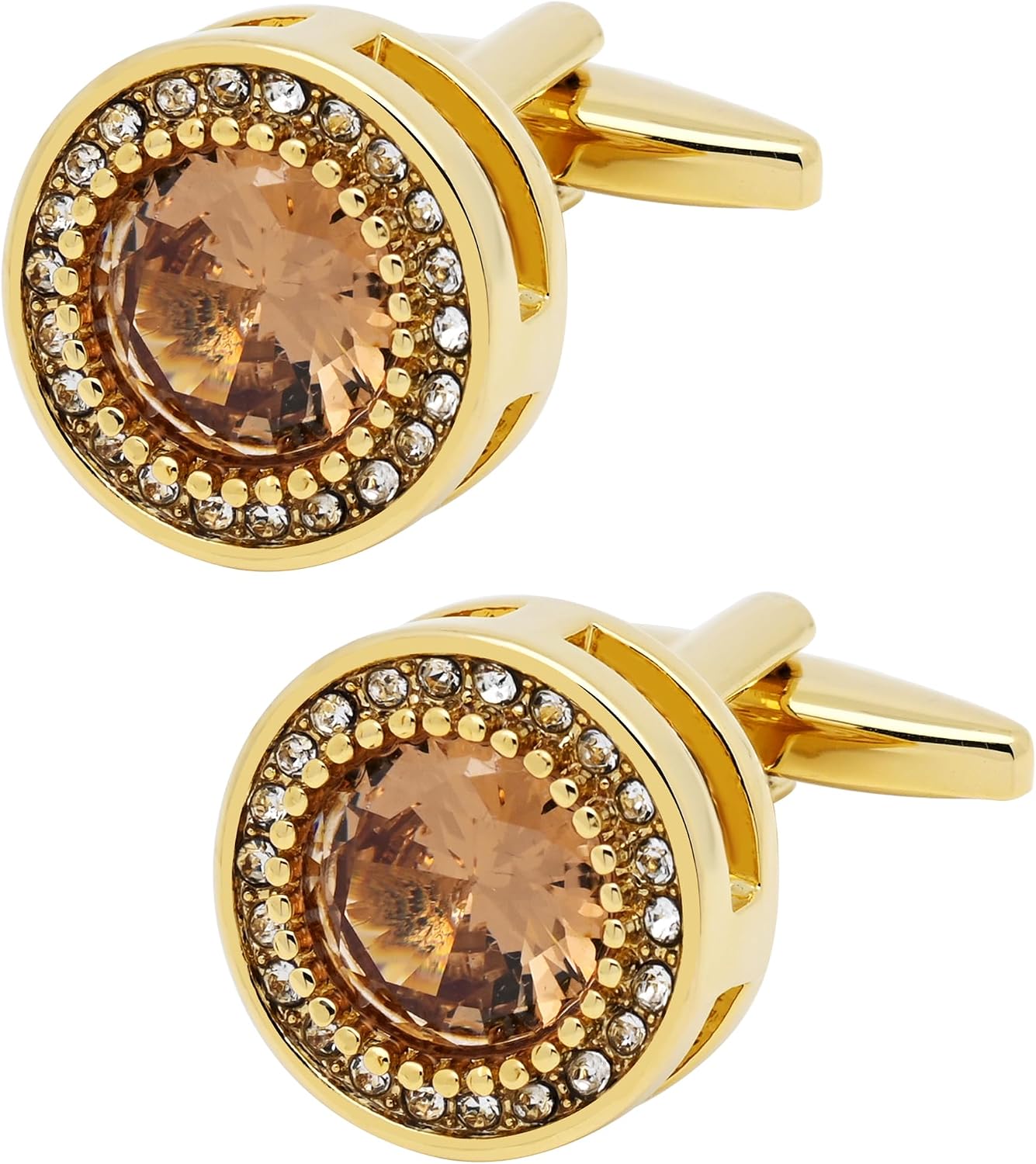 Round Cufflinks for Men Lady with Brown Crystal Gemstone In Gift Case | 14K Gold Plated, Classic Men Cuff Links, Jewelry for Wedding Party Daily Office Formal or Casual Wear Events Tuxedo Dress