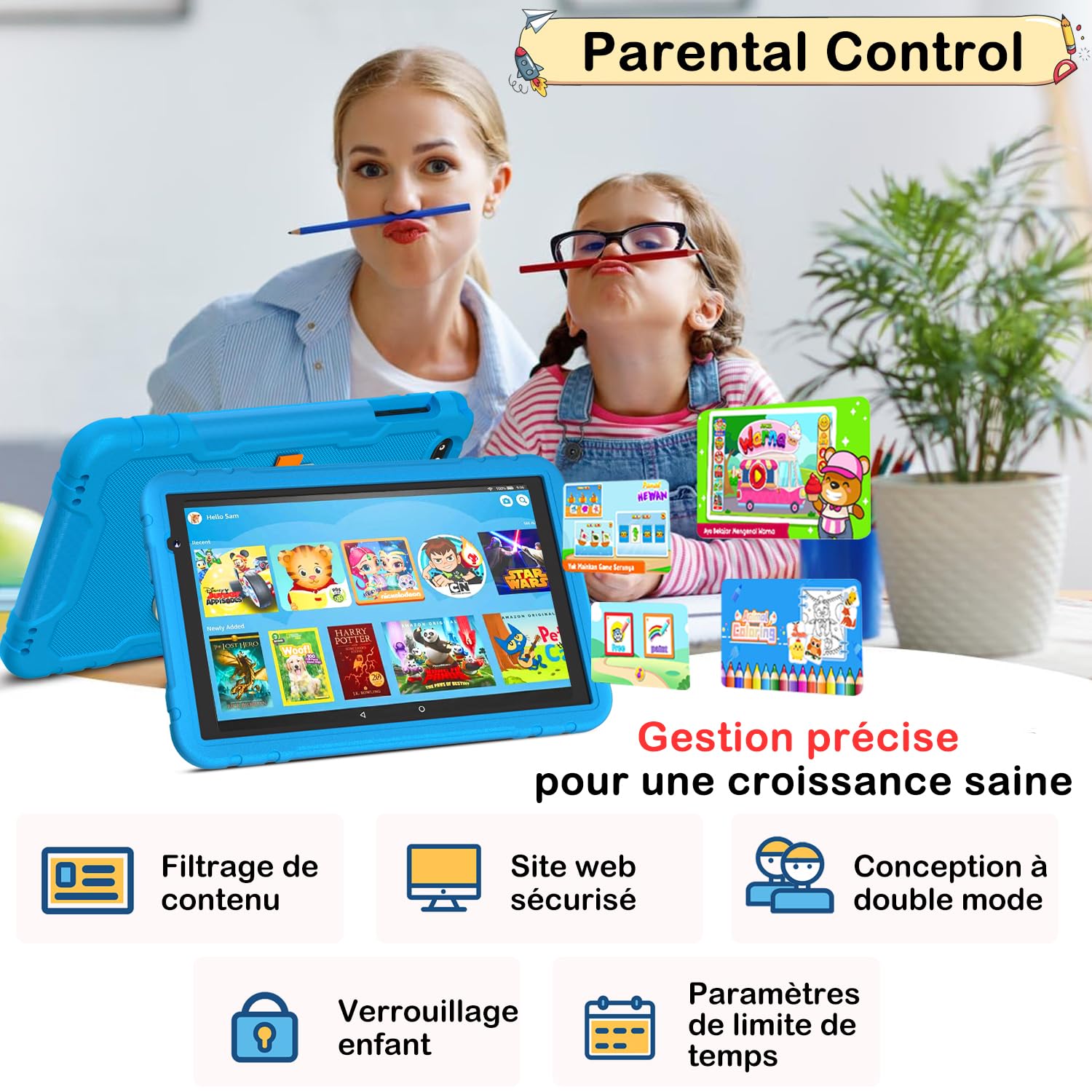 Tablette enfants 10 Pouces Android, 22GO + 128 GO (TF 1TO), WiFi 6, 8000 mAh, Widevine L1,GPS, Face ID, Octa-Core, Contrôle Parental, EVA Étui de Protection Antichoc, 360° Rotatif Support - Bleu