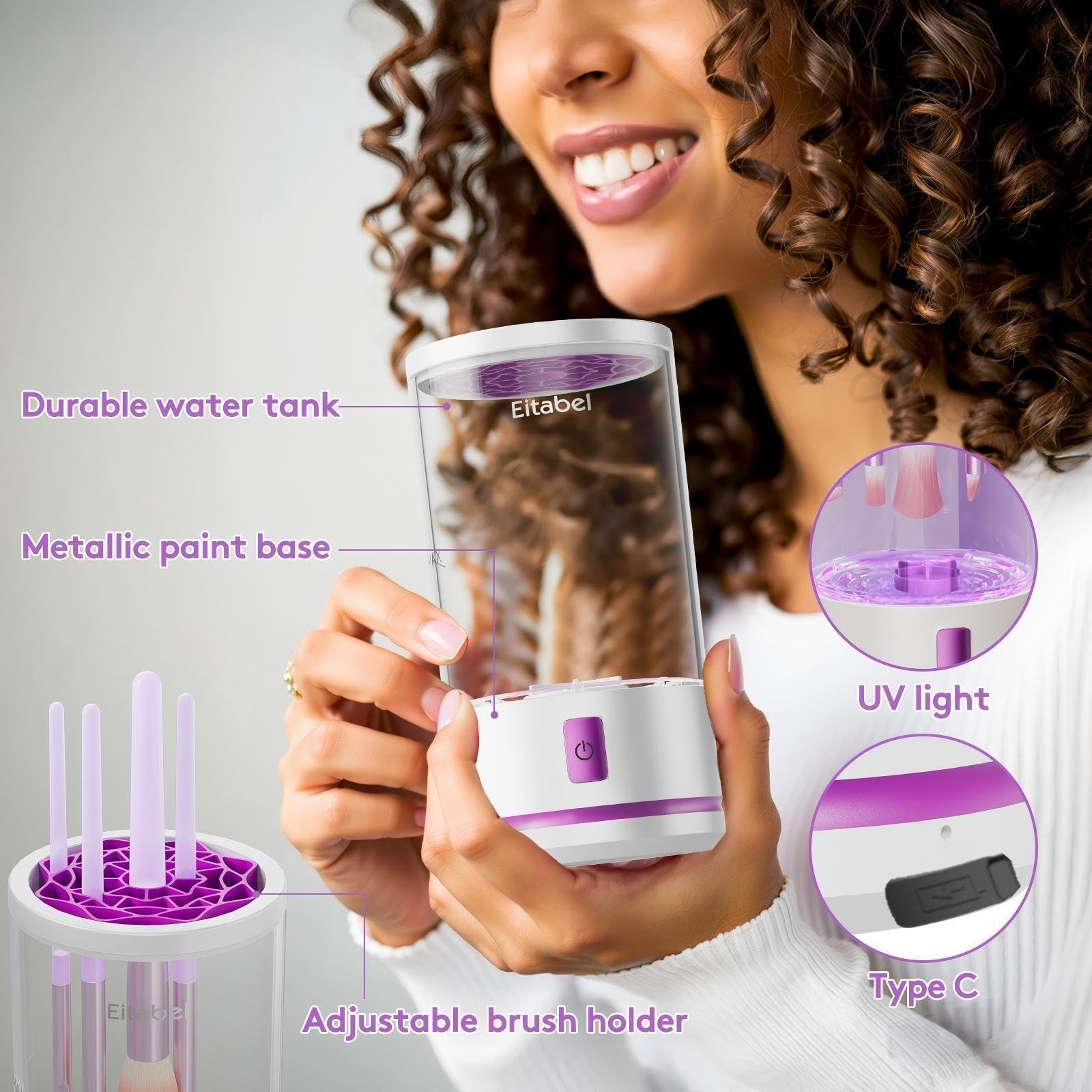 Nettoyeur électrique de pinceaux de maquillage, 2-en-1 Nettoyeur & Laveur, Spinner automatique pour tous pinceaux & éponges de toutes tailles