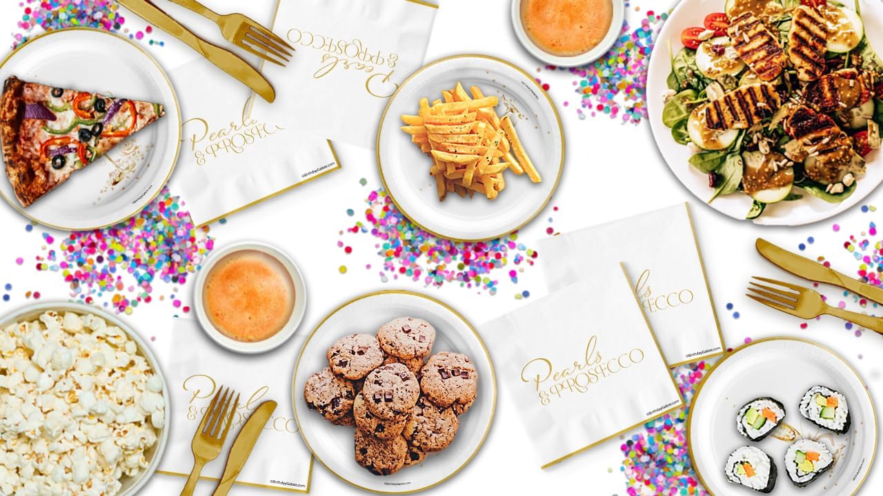 Pearls and Prosecco Bridal Shower Party Supplies - 24 Piece Tableware Set Includes Large 9" Dinner Plates and 7" Dessert Paper Plates Napkins