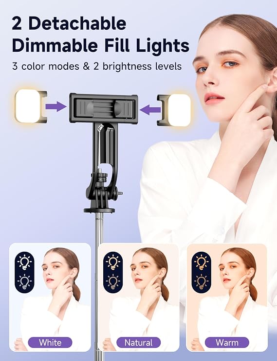 53'' Selfie Stick Tripod with Light, Extendable Selfie Stick with Remote, Portable Cell Phone Tripod Stand with All in 1 Phone Clip, Lightweight Camera Tripod Compatible with iPhone 17 16 15, Android