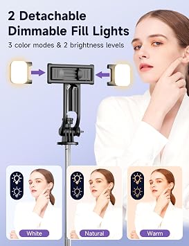 53'' Selfie Stick Tripod with Light, Extendable Selfie Stick with Remote, Portable Cell Phone Tripod Stand with All in 1 Phone Clip, Lightweight Camera Tripod Compatible with iPhone 17 16 15, Android