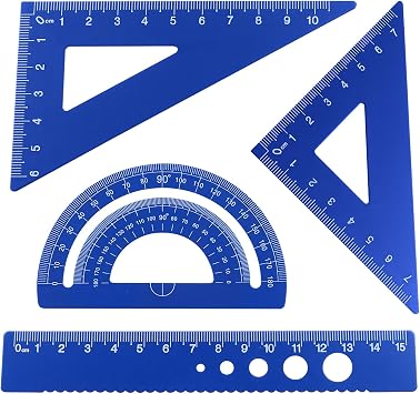 4 Pcs Triangular Ruler Set, Aluminum Alloy Geometry Tools, Metal Drafting Ruler for Students, Draftsmen, Engineers, School Office Supplies with Protractor & Metric Scales Blue