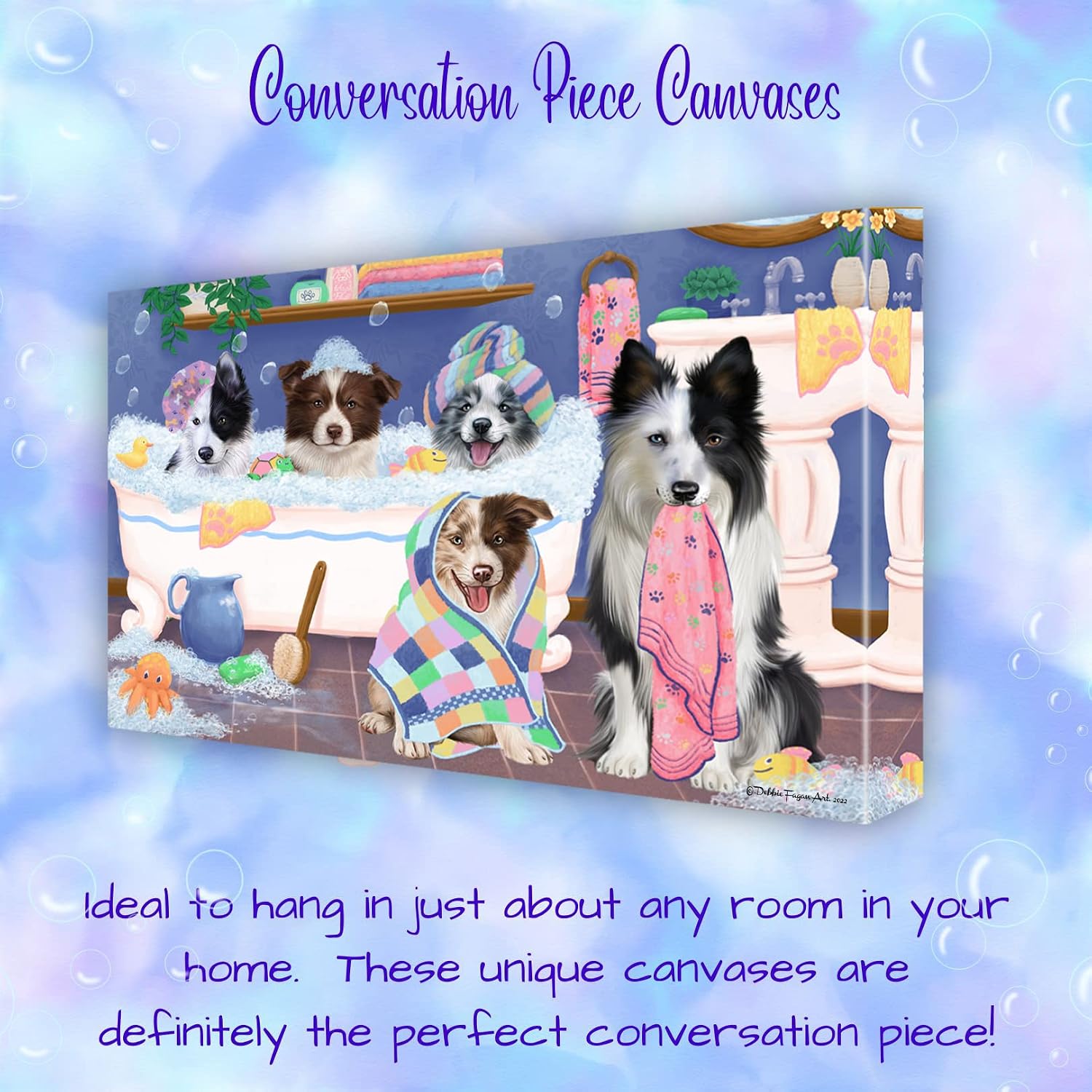 Bathtub Family with Border Collie Dogs Canvas Wall Art - Premium Quality Ready to Hang Room Decor - Black Floating Framed 16" x 16"