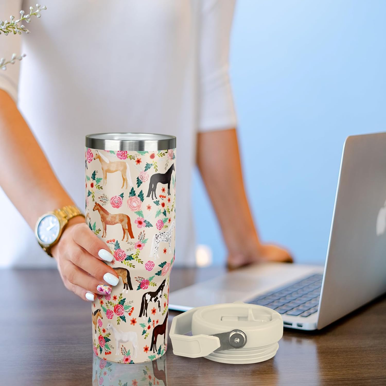 30 oz Horse Tumbler with Handle and Flip Straw, Vacuum Insulated Water Bottle Stainless Steel, Leak Proof Travel Coffee Mug Gifts for Horse Lover, Cute Floral Cup for Home Office Car Outdoors Sports - Image 5