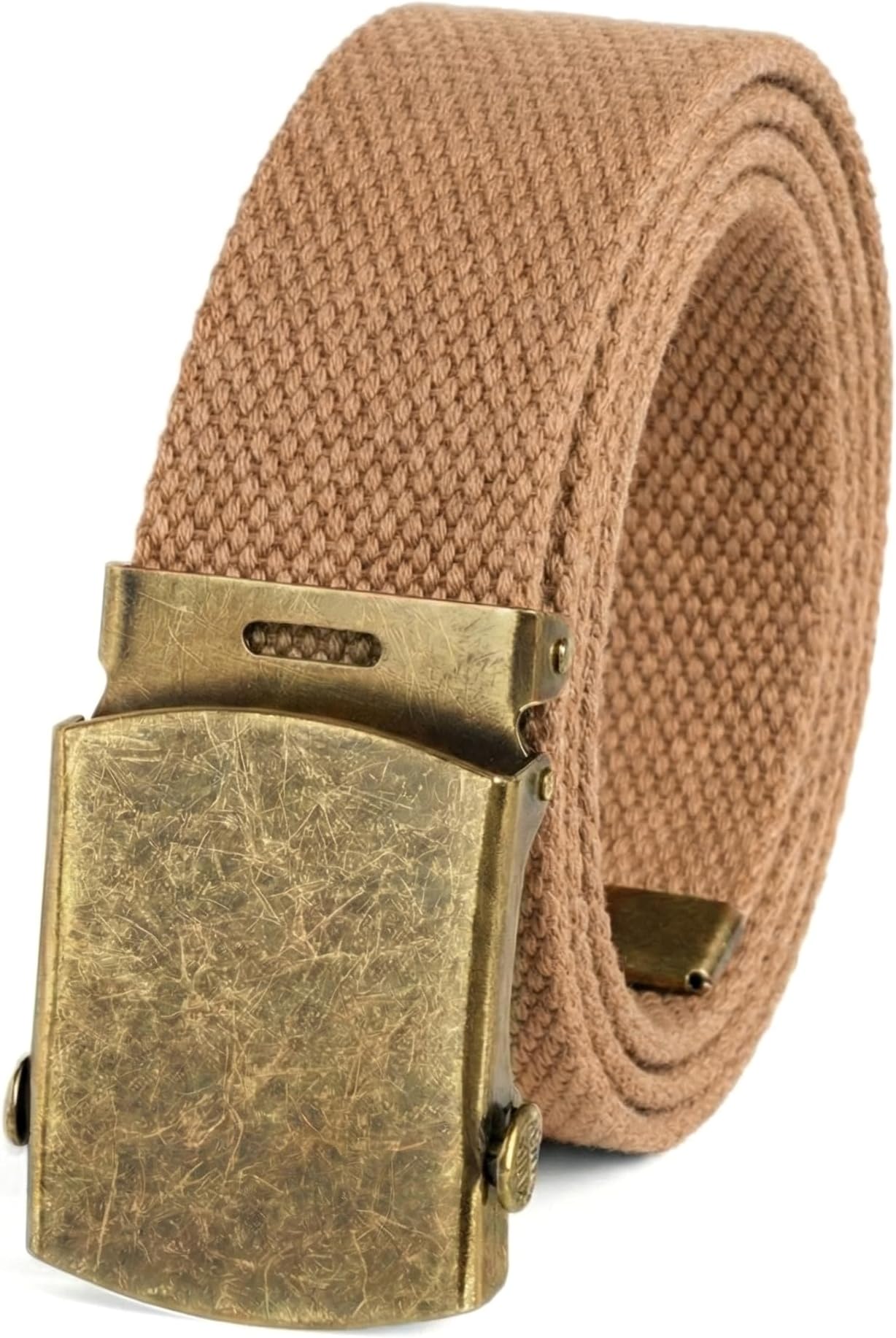 Canvas Web Belt Military Style with Antique Brass Buckle and Tip 54" Long - Adjustable Cut To Fit for Men
