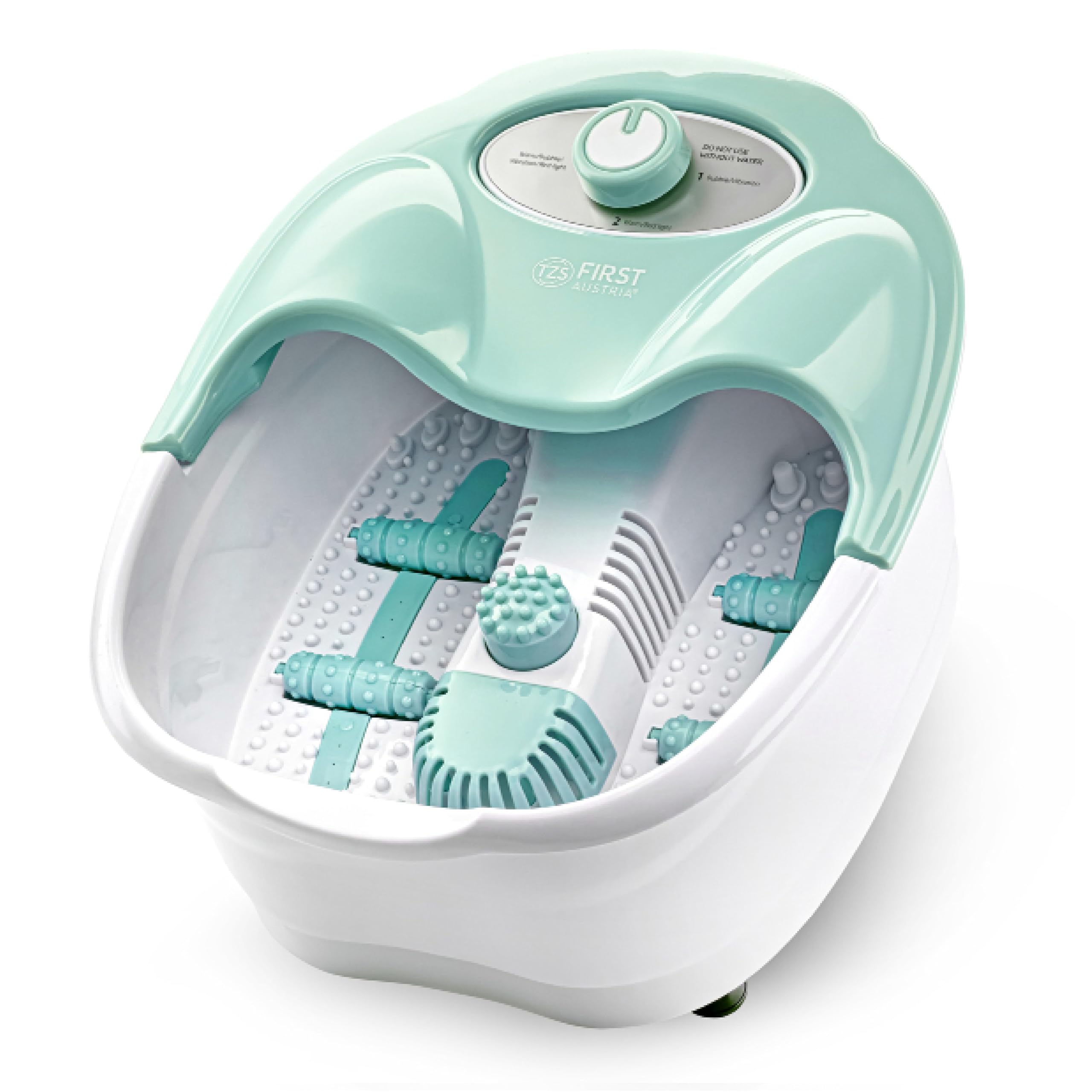 TZS First Austria - Fußbad mit Massagefunktion - 80W - Rotlicht & Warmhaltefunktion - Bis Schuhgröße 43 - Elektrisches Fußsprudelbad mit 3 Aufsätzen & Aromabox - Klappbarer Griff - Türkis