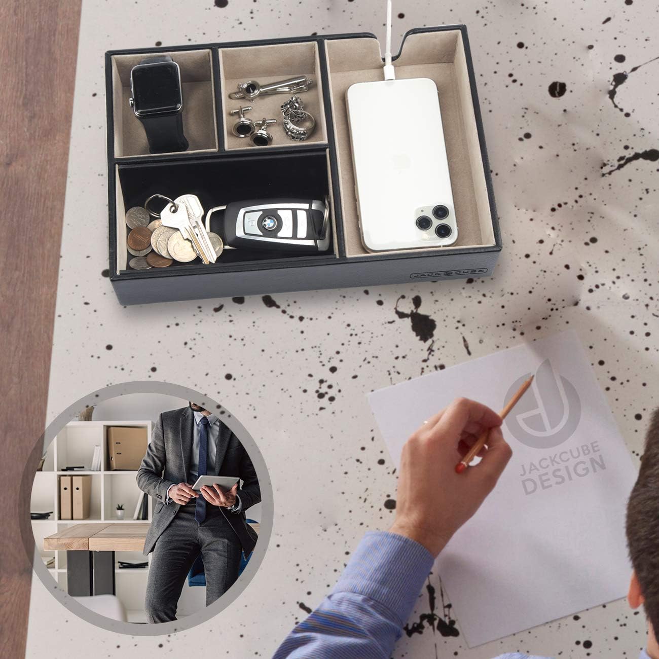 JACKCUBE DESIGN - Valet Tray Multi Leather, Desk or Dresser Organizer, Catch-all for Keys, Phone, Wallet, Coin, Jewelry and Nightstand(Black, 10.6 x 7.2 x 1.9 inches) - :MK233A