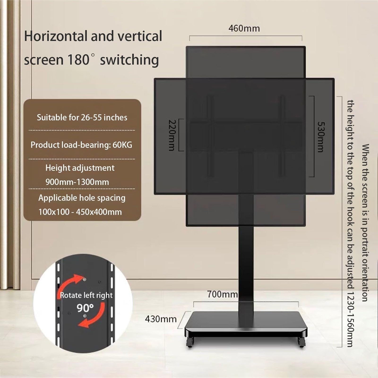 Support de Sol pour téléviseur LCD - Chariot de Support TV Mobile avec roulettes - Support de Sol Universel pour téléviseur, Support pivotant à 90 degrés, Support T,