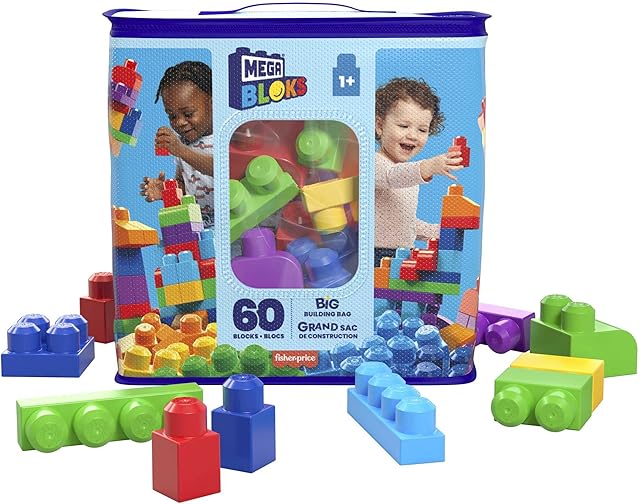 MEGA BLOKS Big Building Bag building set with 60 big and colorful building blocks, and 1 storage bag, toy gift set for ages 1 and up