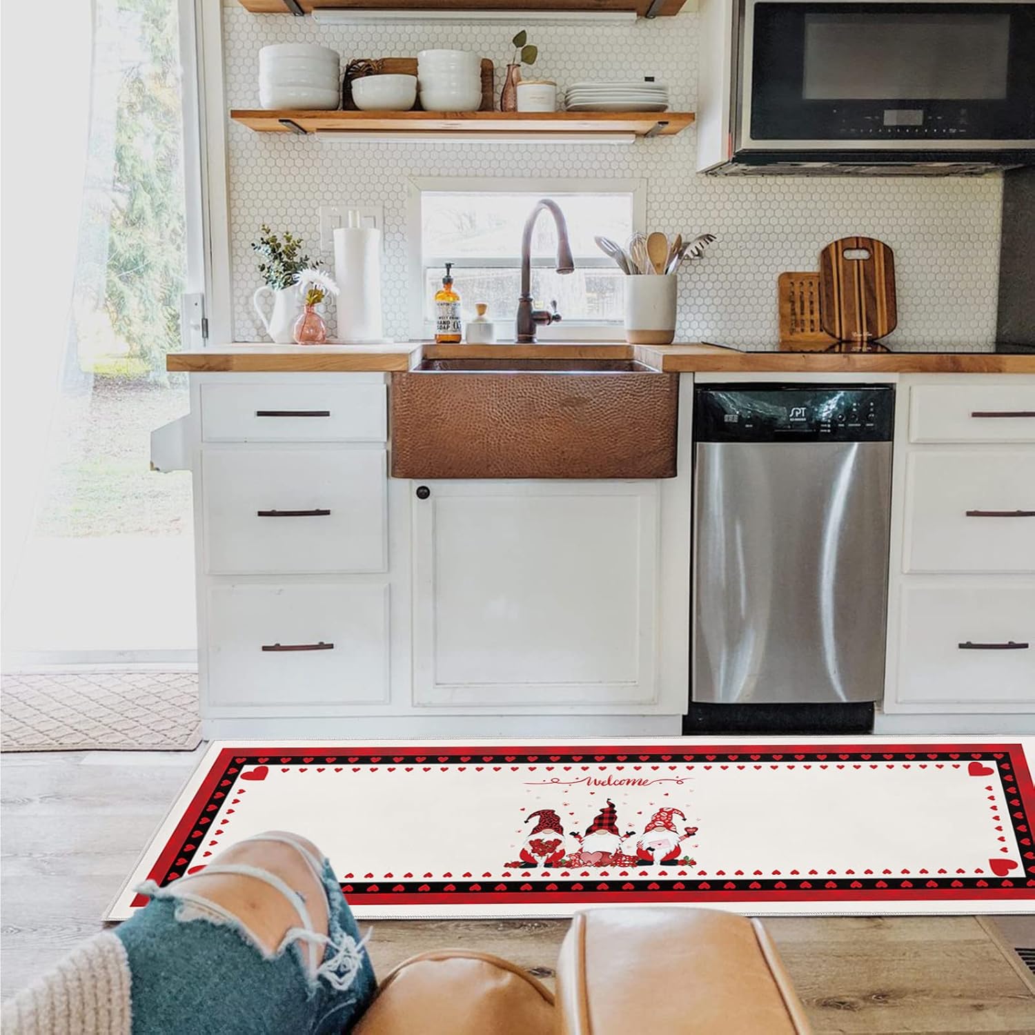 キッチンマット 台所マット 玄関マット フランネル 北欧 おしゃれ バレンタイン 赤い 格子 ラブ 小人 防汚 滑り止め ズレにくい