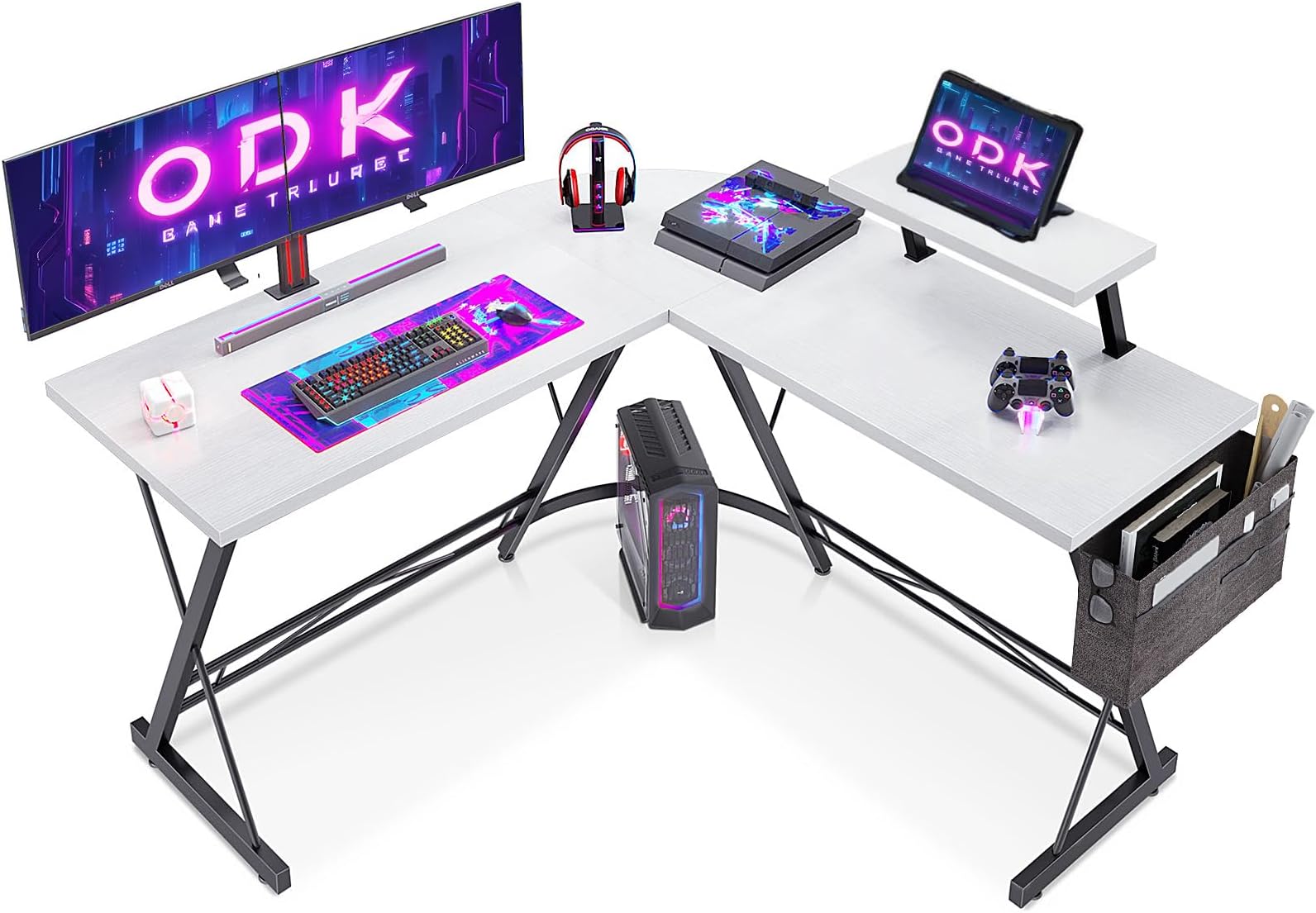 L Shaped Gaming Desk with Monitor Stand, 127x127x75 cm Computer Desk with Storage Bag, Corner Desk for Gaming, Home, Office, White