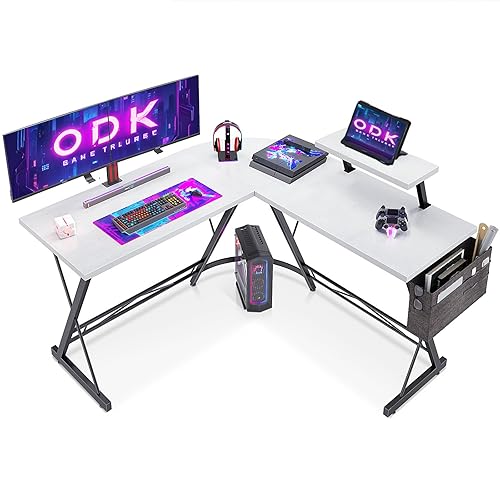 ODK L Shaped Gaming Desk with Monitor Stand, 127x127x75 cm Computer Desk with Storage Bag, Corner Desk for Gaming, Home, Office, White - White