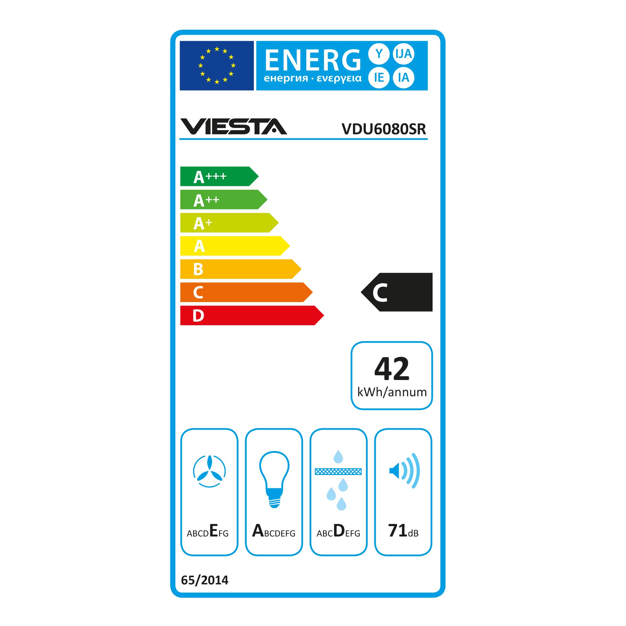 VIESTA VDU6080SR okap kuchenny 60 cm – stal nierdzewna podblatowa okap ścienny z filtrami tłuszczu – oświetlenie LED – funkcja odprowadzania powietrza i obiegu powietrza – wyciąg z szklanym kloszem – klasa energetyczna C