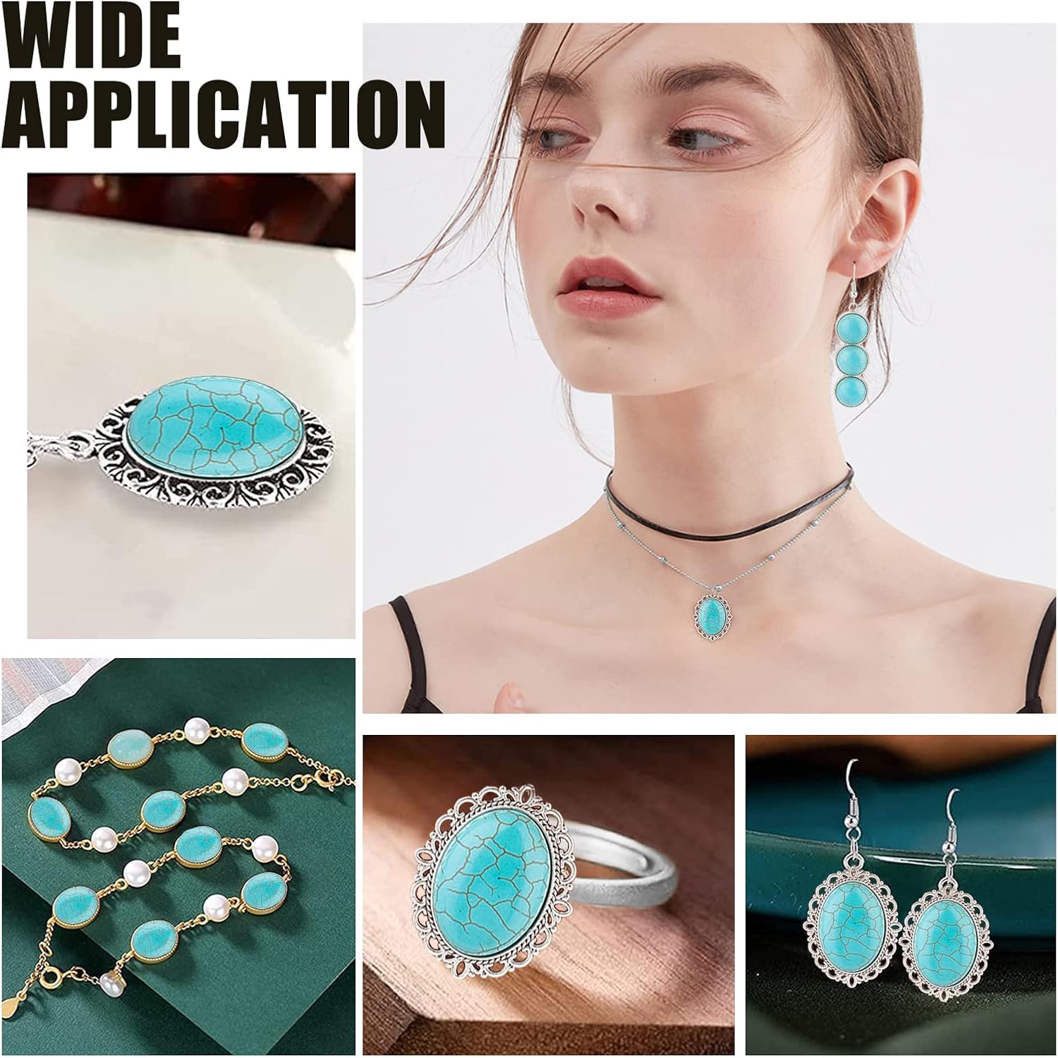 PH PandaHall 84pcs Synthetic Turquoise Stone Cabochons, 7 Sizes Blue Texture Gemstone Tiles Oval Flat Round Dome Bead Stone Cabochon Tile for Bracelet Necklace Earrings Cameo Jewelry Making, 6~40mm - Image 2