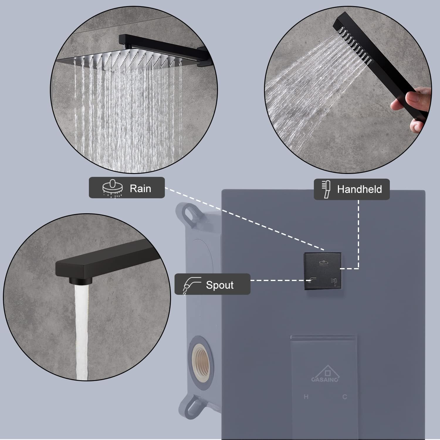CASAINC Dual Shower Head Shower System With Tub Spout 3 Function 10" Wall Mounted Shower Valve Kit Luxury Rainfall Shower Head Combo, CUPC Certified (Matte Black)