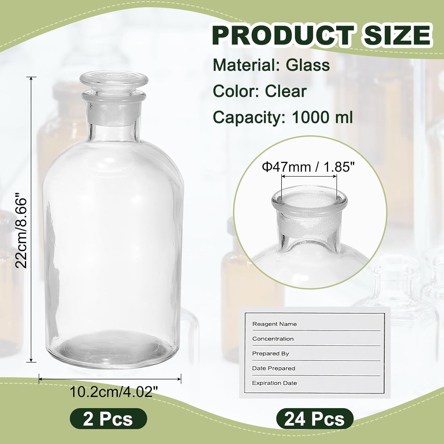 PATIKIL 2 Pack 1000ml Glass Reagent Bottle, Narrow Mouth Reagent Media Storage Bottle with Ground Stopper for Lab Water Reagent Liquids Chemistry Science Vase Perfume, Clear(35.2 Oz)