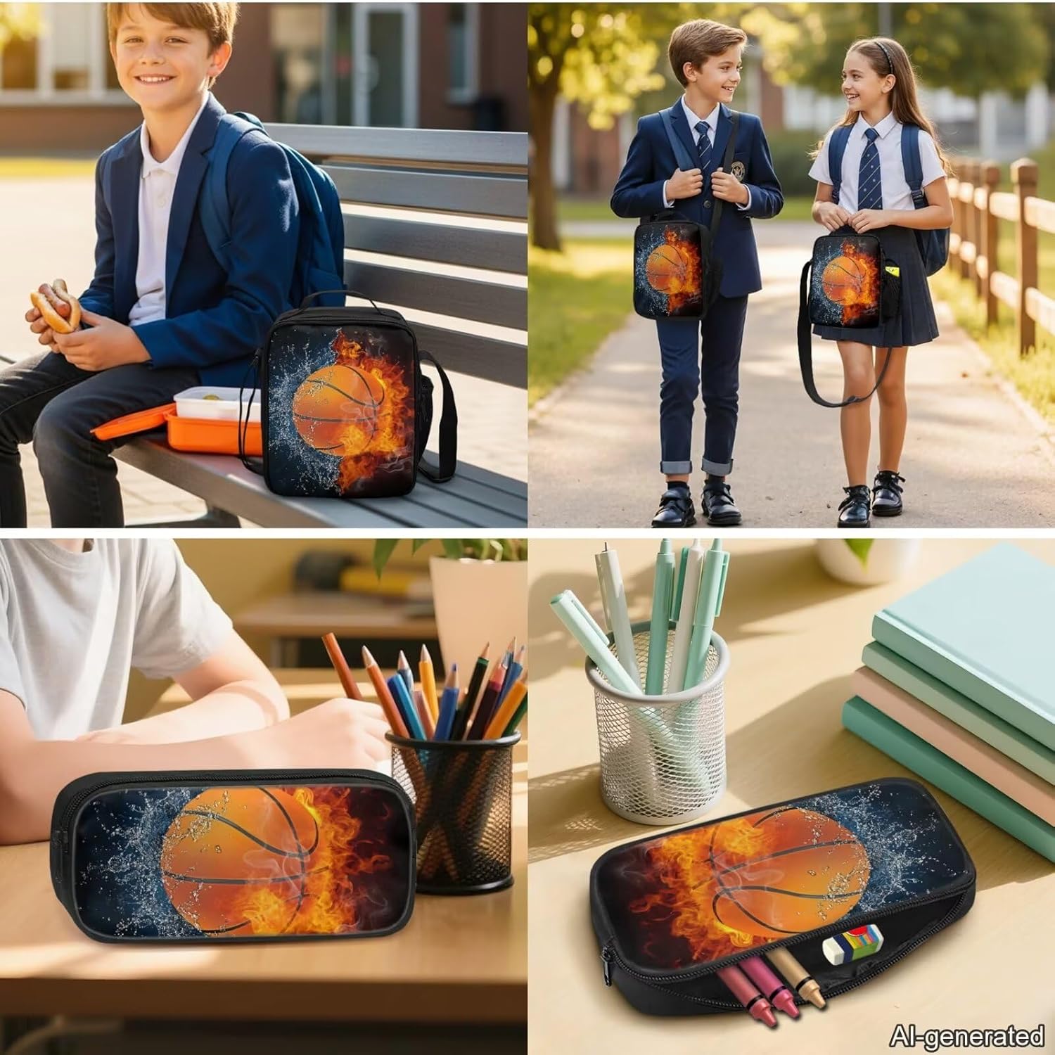 Backpack for Girls Boys with Lunch Box Pencil Bag Kids School Backpack Bookbag for Preschool Elementary, Basketball Water Fire image 3