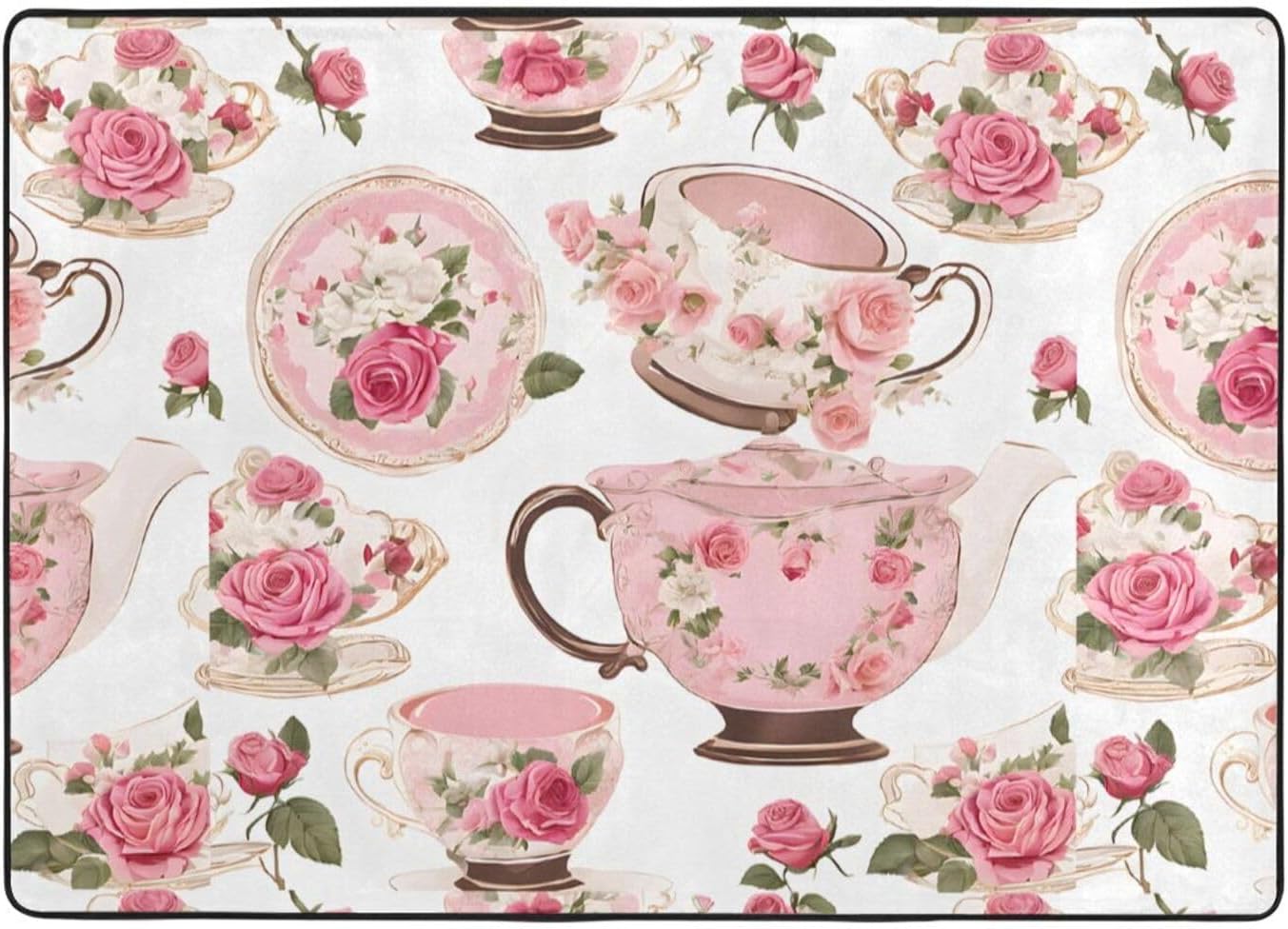Flannel Non-Slip (Tea Cups with Roses Romantic Shabby) Rug Pad 80×50in Soft Washable Protective for Hardwood Floors Bedroom Bathroom Living Room