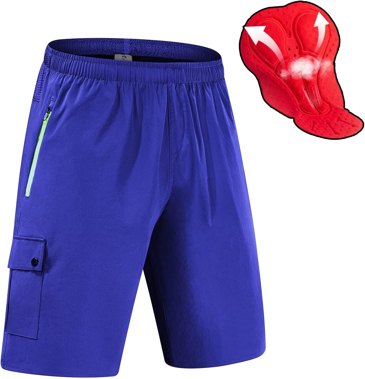 Men's MTB Bike Shorts with Removable Padded Mesh Liner, Elastic Waist with Hook & Snap,2 Side Pockets + Cargo Pocket