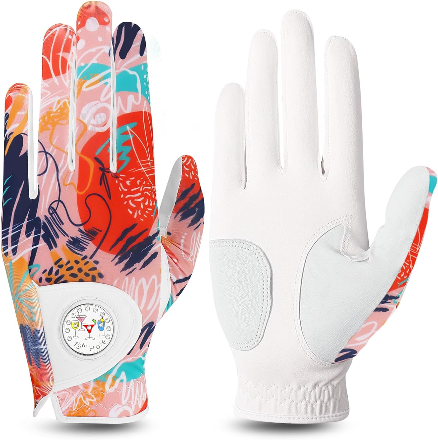 FINGER TEN Stylish Golf Gloves Women with Ball Marker 1 Pack for Left or Right Hand, Breathable Glove with Fashion Patterns for Ladies Right Left Handed Golfer