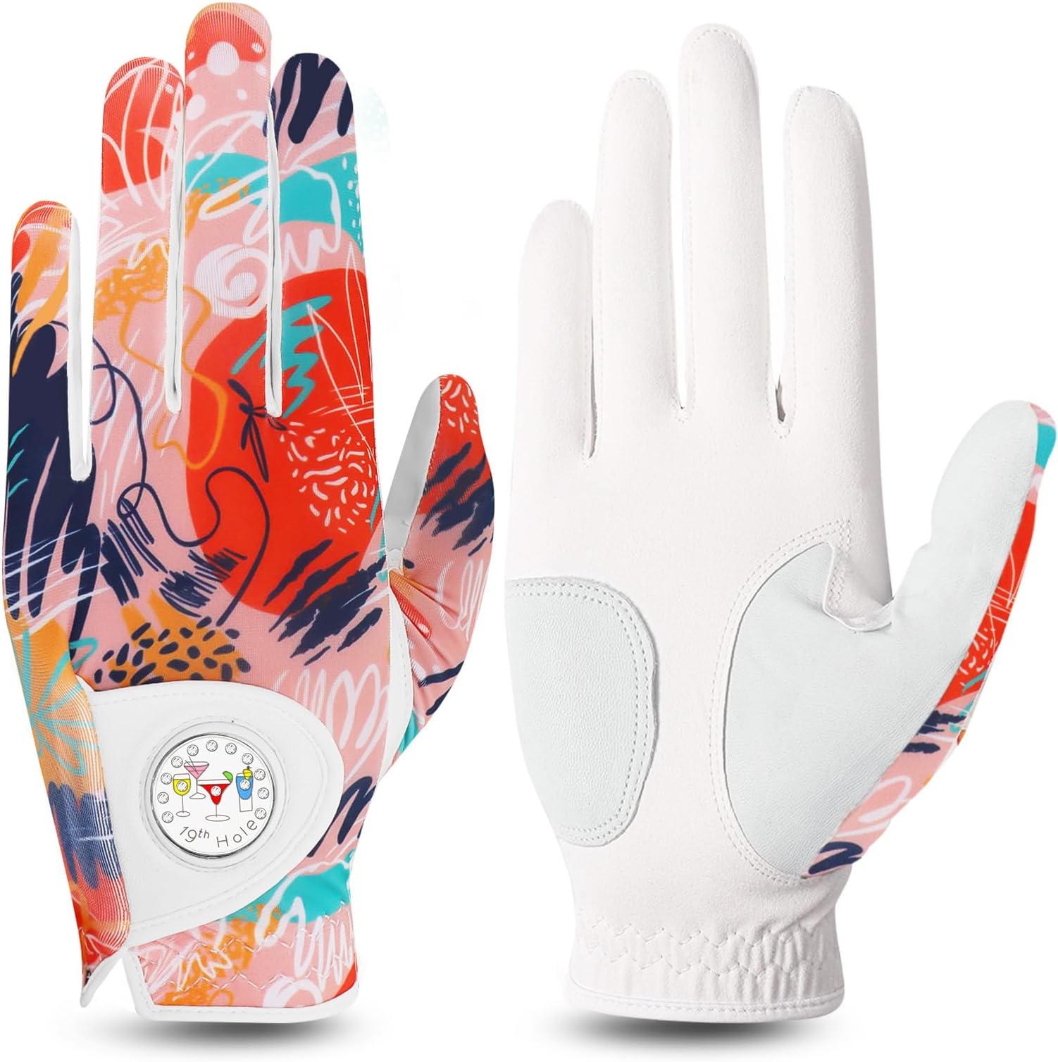 Stylish Golf Gloves Women with Ball Marker 1 Pack for Left or Right Hand, Breathable Glove with Fashion Patterns for Ladies Right Left Handed Golfer