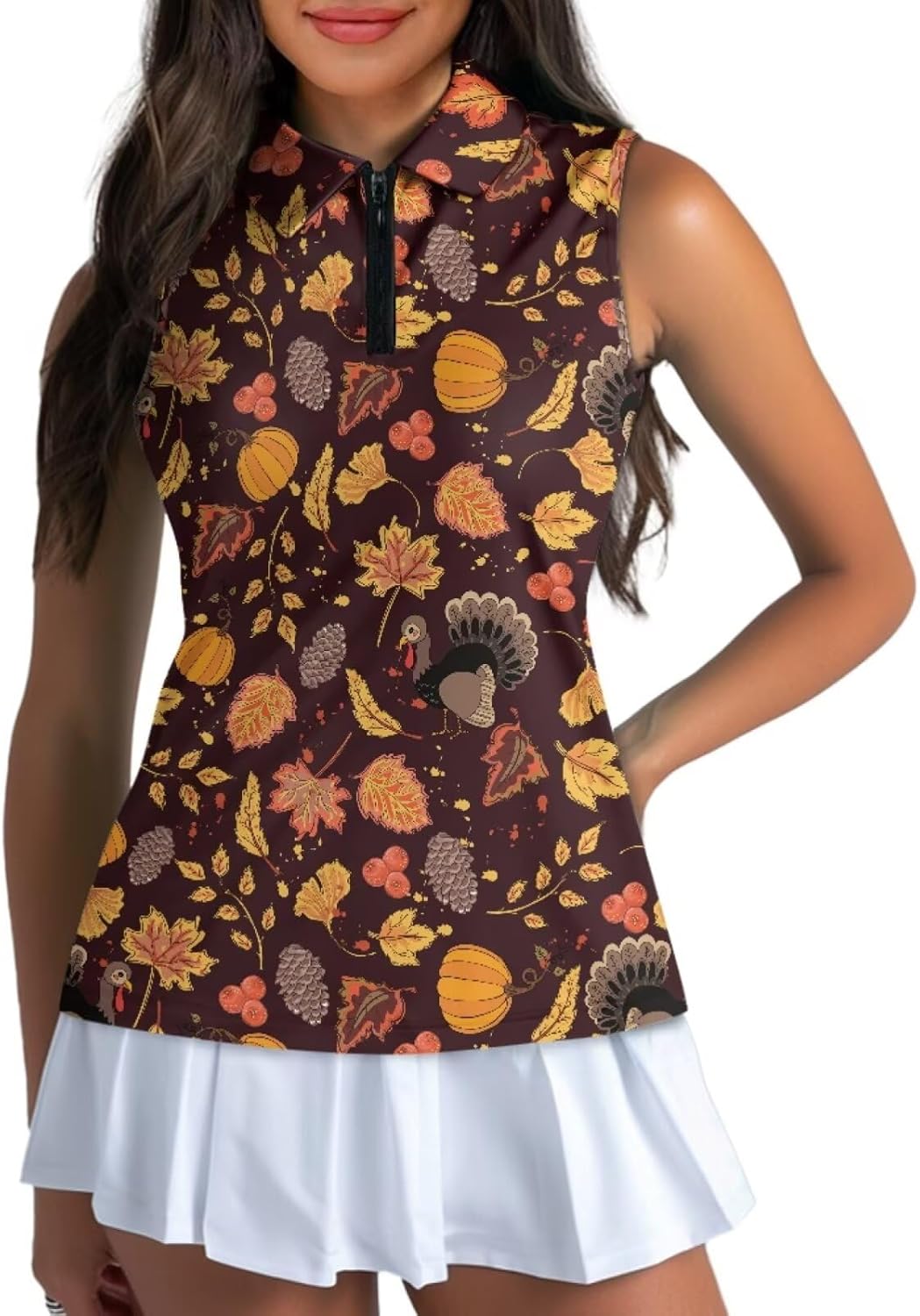 GULANGYU Fall Maple Leaf Print Women's Sleeveless Golf Polor Shirt 1/4 Zip Workout Tennis Tank Top