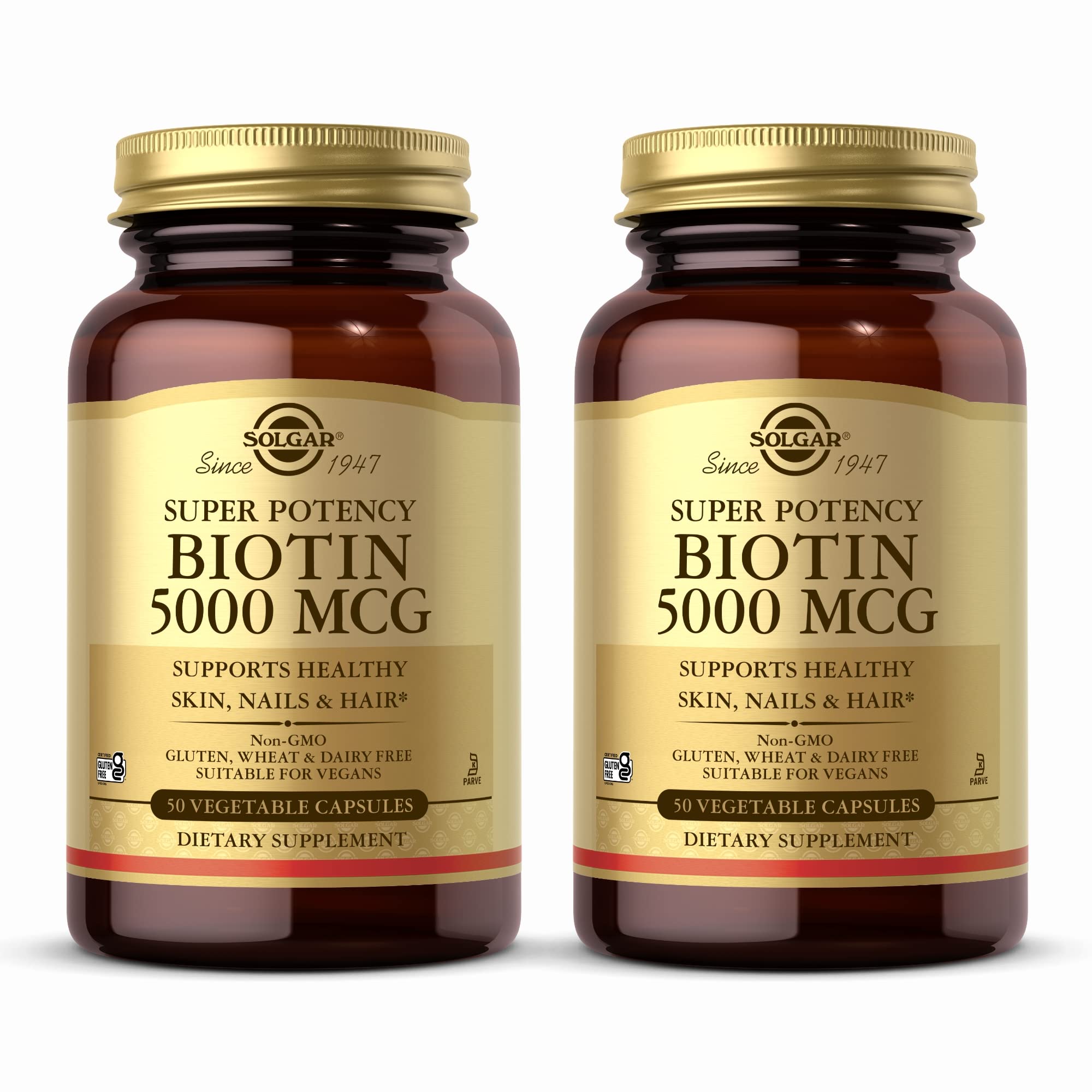 Biotin 5000 mcg - 50 Vegetable Capsules, Pack of 2 - Supports Healthy Skin, Nails & Hair - Non-GMO, Vegan, Gluten Free, Dairy Free, Kosher - 100 Total Servings