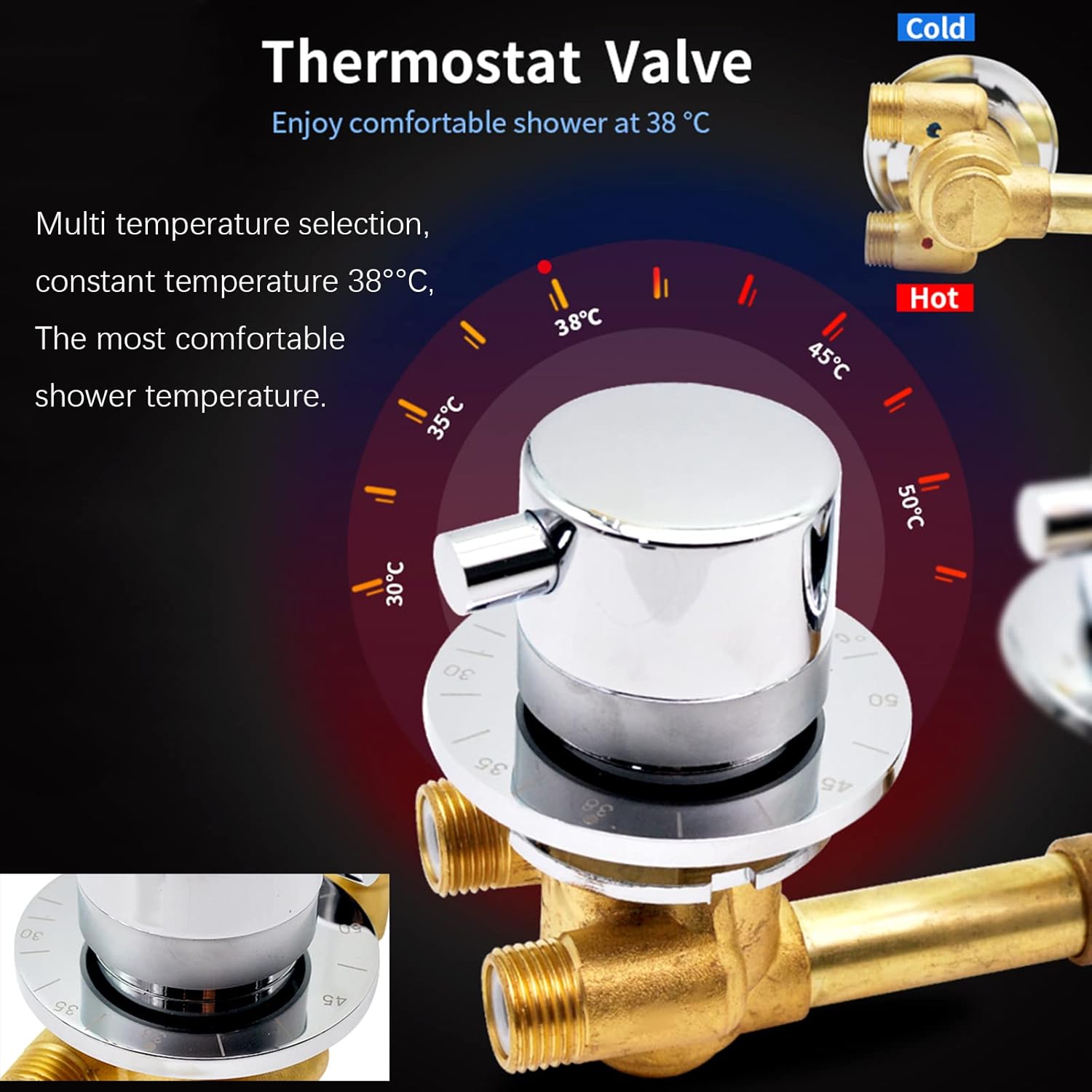 G1/2" Brass Thermostatic Shower Faucet 1 Way Output Bathroom Diverter Control Shower Cabin Thermostat Mixer Tap with ON/OFF Switch Valve, Brass Cartridge, Dual Handle, Surface Polished (Faucet)
