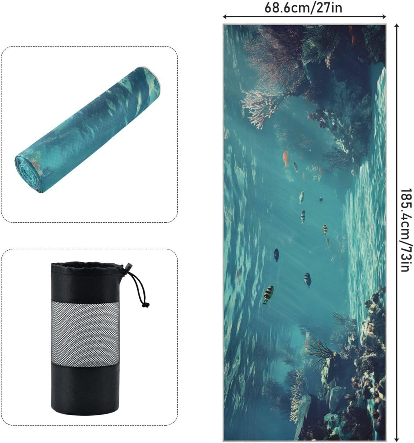 Yoga Mat Towel with Silicone Grip Dot Underwater Coral Fish – 73"x27" Non-Slip Sweat Absorbent Microfiber Yoga Towel for Home Gym Studio