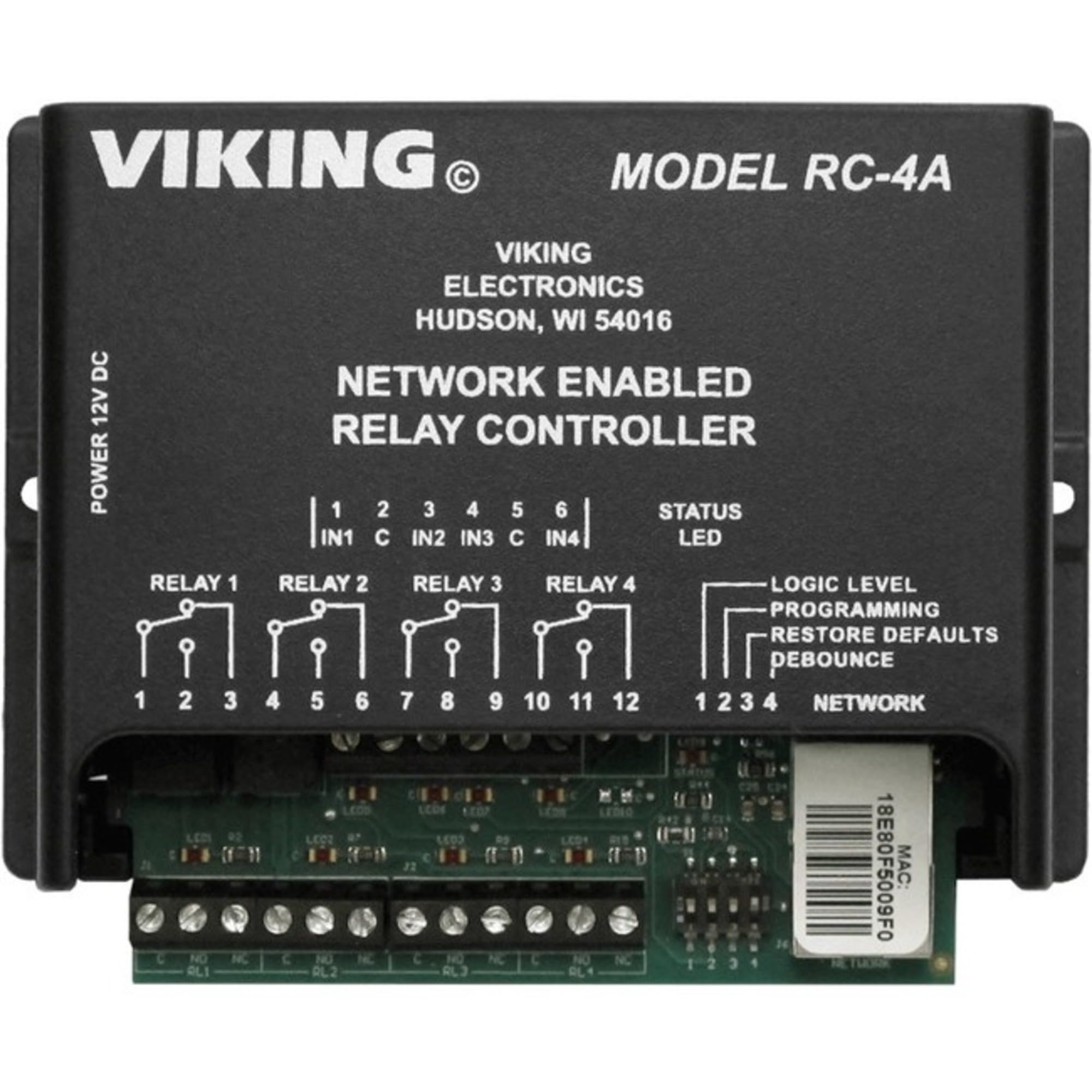Viking Electronics RC-4A Network Enabled 4 Relay Controller front view with terminal strips