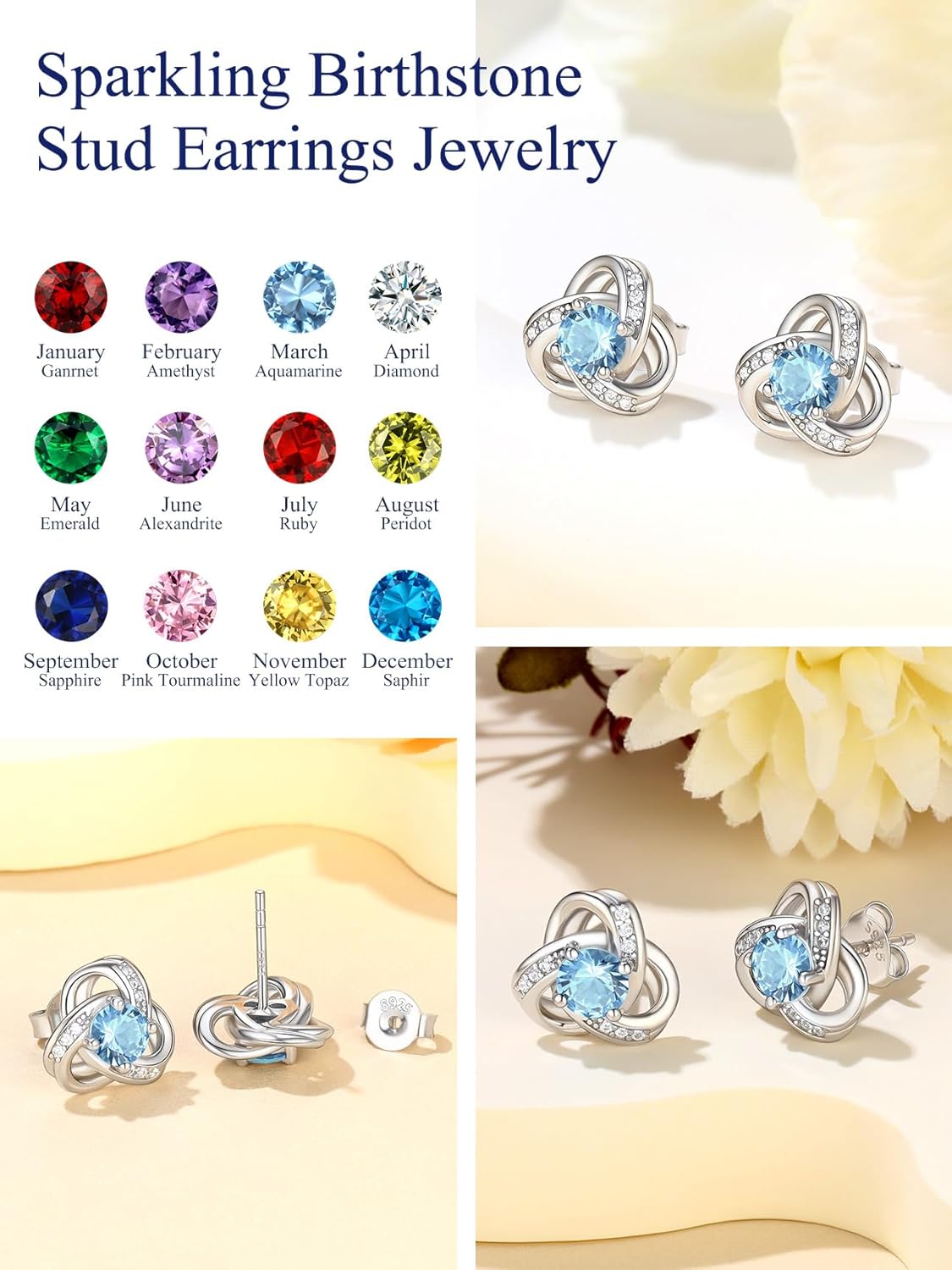 Suplight Love Knot Birthstone Earrings for Women, S925 Sterling Silver Earrings Flat Back Diamond Stud Earrings Christmas Gifts for Women Emerald Sapphire Earrings Birthday Gifts for Women Wife Mom - Image 9