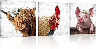 Farm Animal Farmhouse Wall Art: Highland Cow Rooster Pig Head Picture fo...