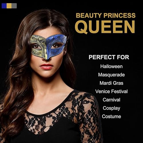 Miniatura 6 de Máscara de máscaras para hombres, parejas, máscara griega romana para Mardi Gras veneciano, disfraces, fiesta, baile de graduación (oro real + azul)