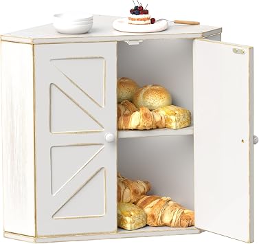 Corner Bread Box for Kitchen Countertop, Storage Container for Homemade Bread, Double Layer BreadBox, Large Capacity Bread Storage Bin, Vintage Farmhouse Breadbox Organizer,Antique White