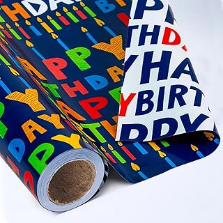 Yarcony Reversible Birthday Wrapping Paper Roll - 17 Inch X 33 Ft(46.8 Sq.Ft.Ttl) - Creative Colorful Happy Birthday Lettering & Candle Navy Blue Gift Wrap for Party, Baby Shower & Holiday