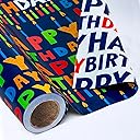 Yarcony Reversible Birthday Wrapping Paper Roll - 17 Inch X 33 Ft(46.8 Sq.Ft.Ttl) - Creative Colorful Happy Birthday Lettering & Candle Navy Blue Gift Wrap for Party, Baby Shower & Holiday