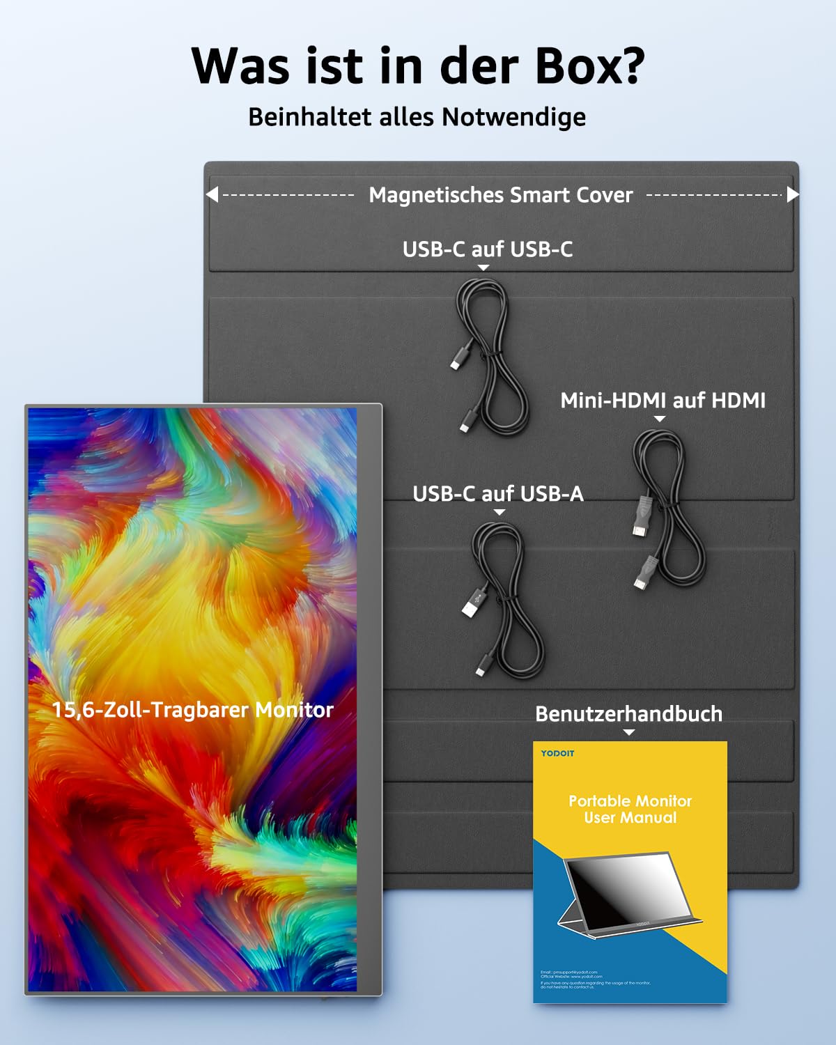 Yodoit Tragbarer Monitor 15,6 Zoll FHD IPS USB-C HDMI mit Schutzhülle Lautsprecher für Laptop PC Xbox PS5 Switch