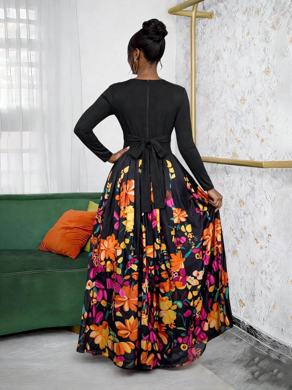Floral Maxi Dresses for Women Fall Winter Long Sleeve Casual Cutout A Line Long Dress