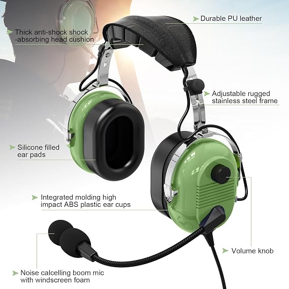 Dual GA Plug Noise Cancelling Pilot Headsets with Boom Mic Aircraft Headphone General Aviation Headset,NRR 24dB Anti-Noise Microphone,Twin Plug Flight School Headphones (Light Green) (A)