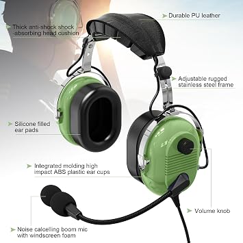 Dual GA Plug Noise Cancelling Pilot Headsets with Boom Mic Aircraft Headphone General Aviation Headset,NRR 24dB Anti-Noise Microphone,Twin Plug Flight School Headphones (Light Green) (A)