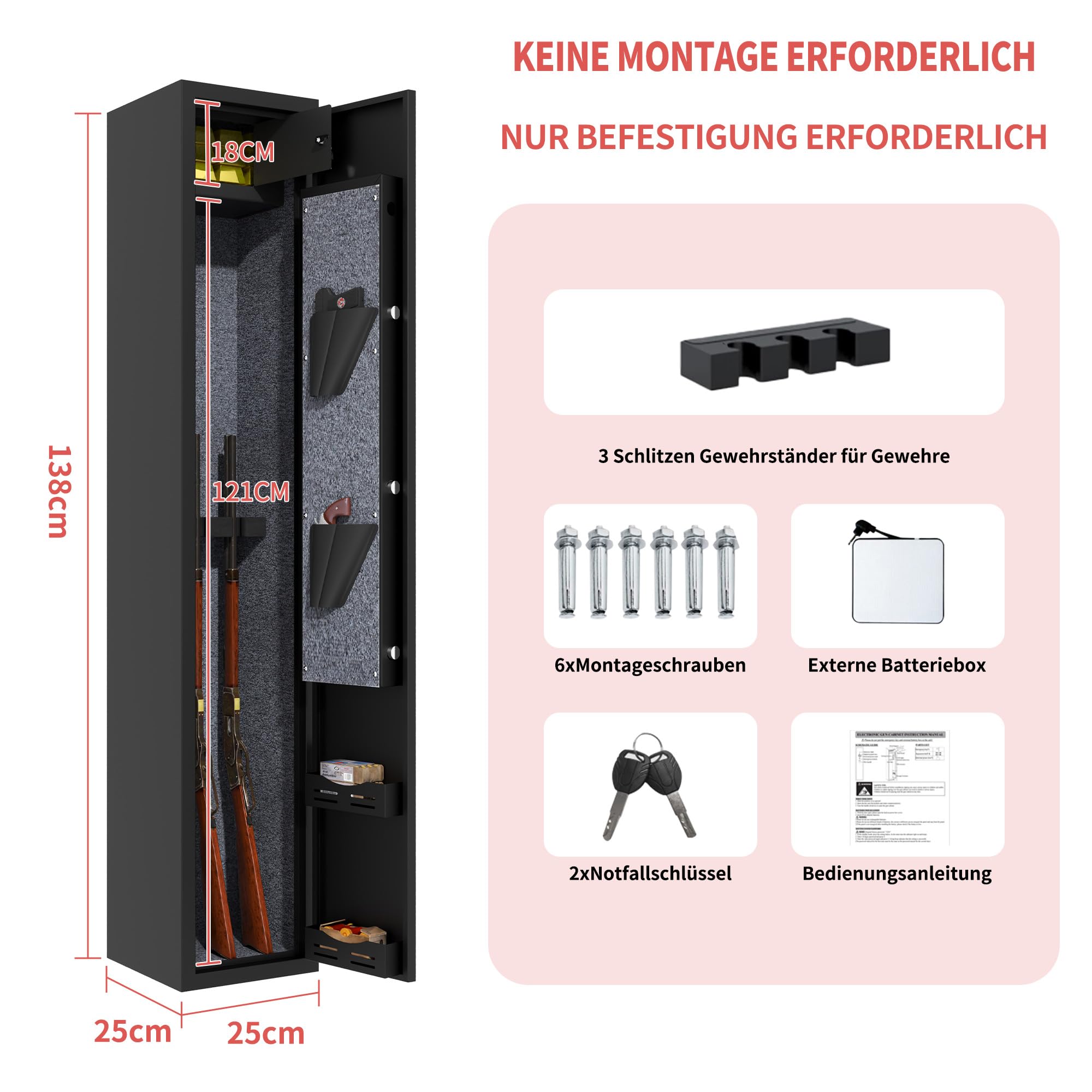 IKIMI Stahlblech Waffenschrank mit Elektronikschloss Einstellbar Munitionsschrank für 3 Gewehre und Pistolen,Metall Waffentresor Robust Langwaffenschränke für Langwaffen & Kurzwaffen