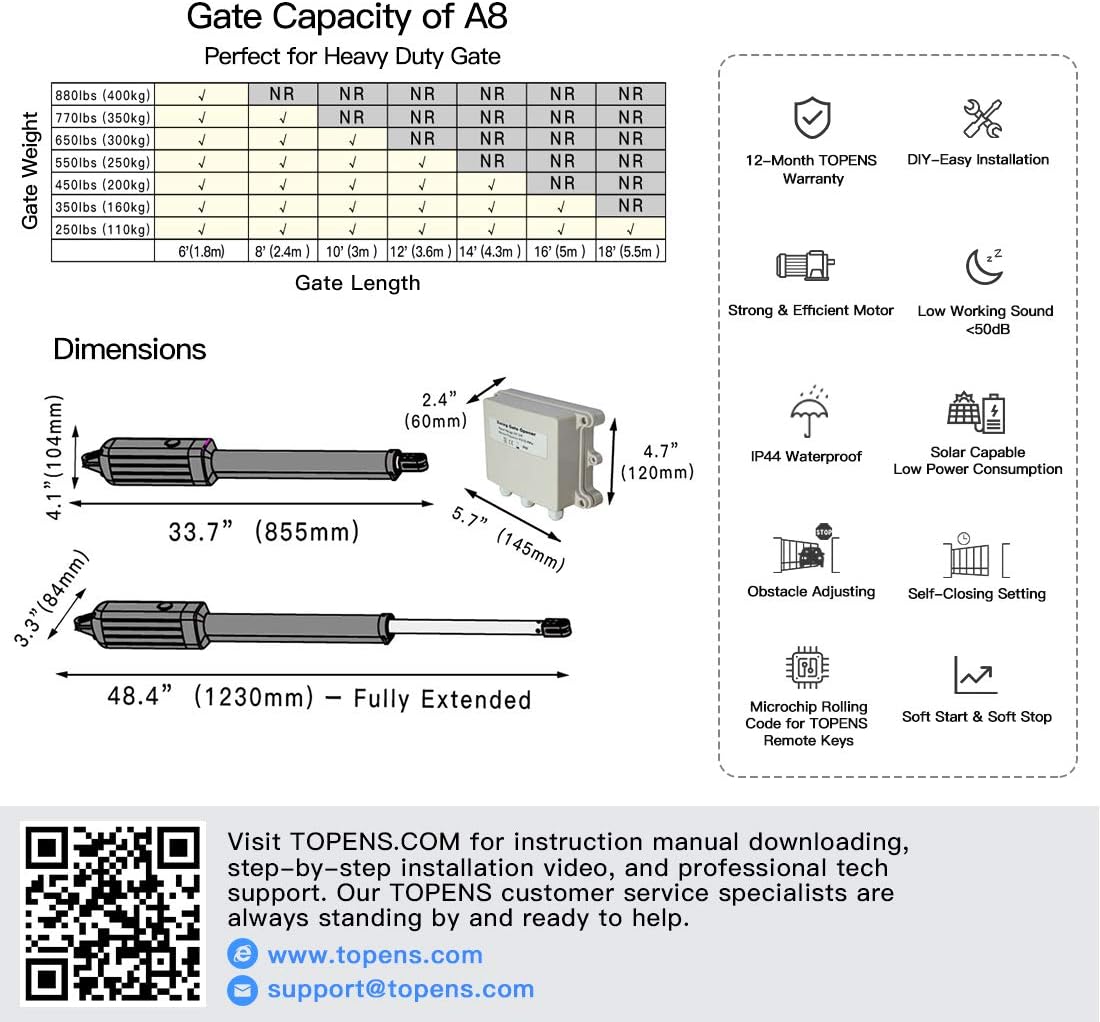 TOPENS A8 Automatic Gate Opener for Heavy Duty Single Swing Gates Up to 18ft, Single Swing Gate Operator Battery Powered with Remote Control Kit Gate Motor Solar Compatible