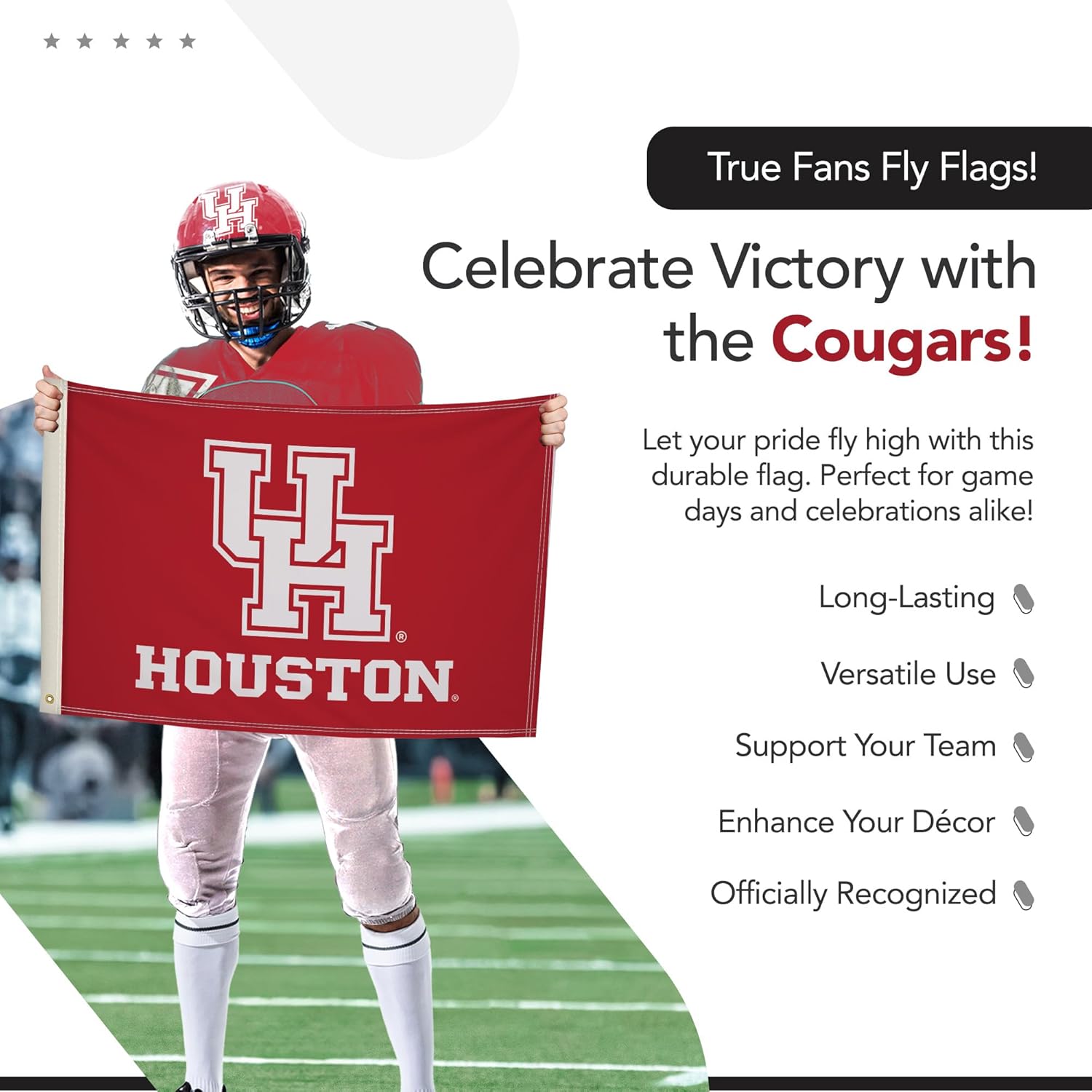 Houston Cougars College Sports Printed Flag - NCAA Licensed - Nylon - School Banner (White, Red) (2' x 3') - Image 5