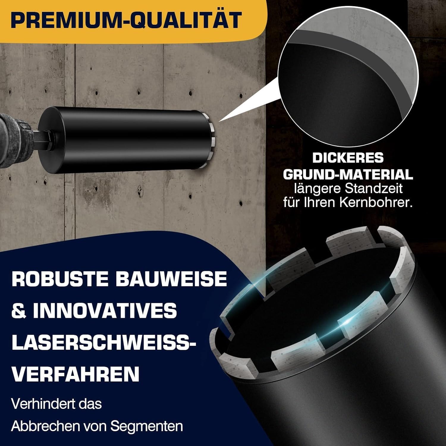 L460mm Diamantbohrkrone | 1 ¼ UNC Aufnahme | ⌀63mm mit Turbo | mit SDS-PLUS | 2200U/min für Kernbohrgeräte Kernbohrkrone Kernbohrer Nassbohrkrone Trockenbohrkrone für Beton Mauerwerk Stein Granit
