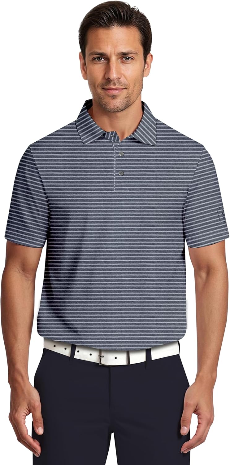 PGA Tour Mens Heather Feeder Stripe Short Sleeve Golf Polo Shirt