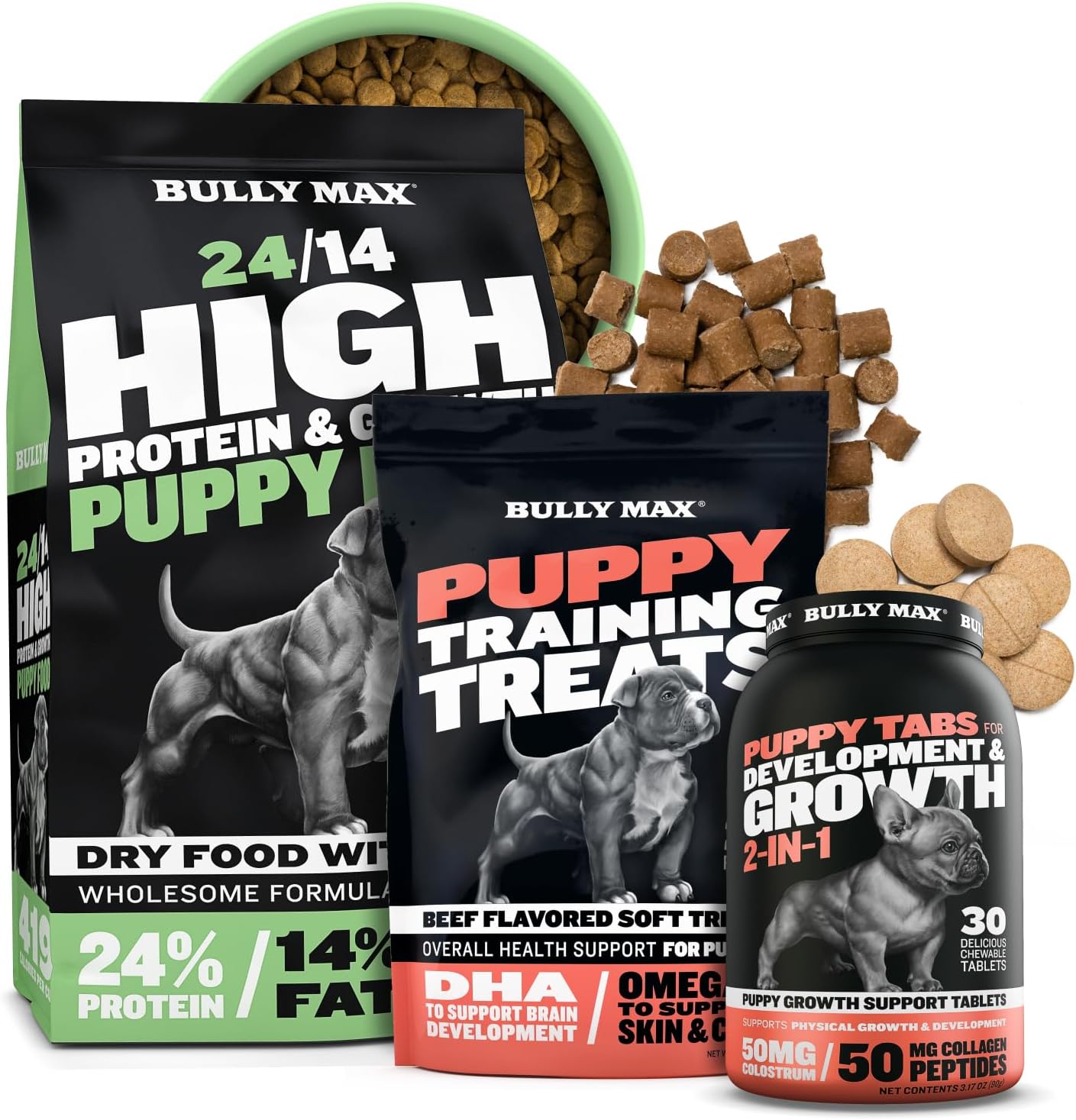 Bully Max Puppy Complete Health Bundle: 24/14 Lamb Dry Food (5 lbs.) + 2-in-1 Puppy Tabs (30 tabs) & Beef Training Treats (1 Bag) for All Breeds – Supports Development, Immunity & Wellness