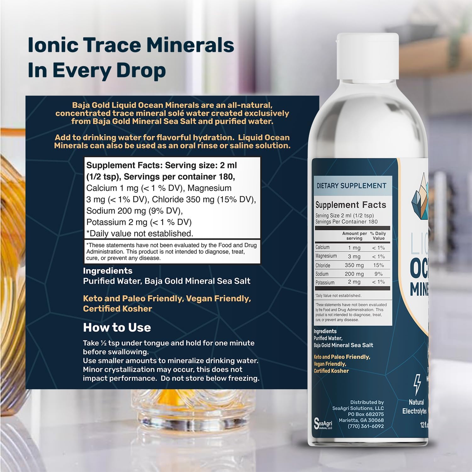 Baja Gold Liquid Trace Mineral Drops – Pure Ocean-Based Minerals for Water & Food | Unrefined Electrolytes for Balanced Taste | Mineral-Rich Saline Solution & Oral Cleanse | 12 fl oz, 90-Day Supply.