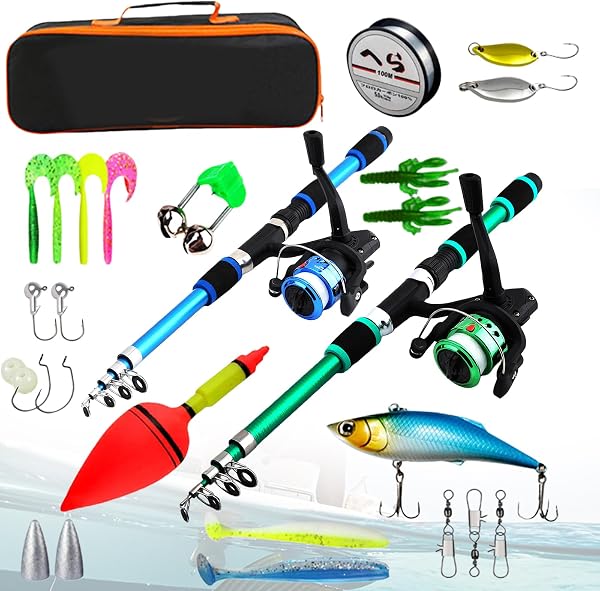 PORFOYO Set da pesca per bambini, 2 canne da pesca telescopiche da 1,8 m con mulinello da spinning e esca, set da pesca per principianti - 1