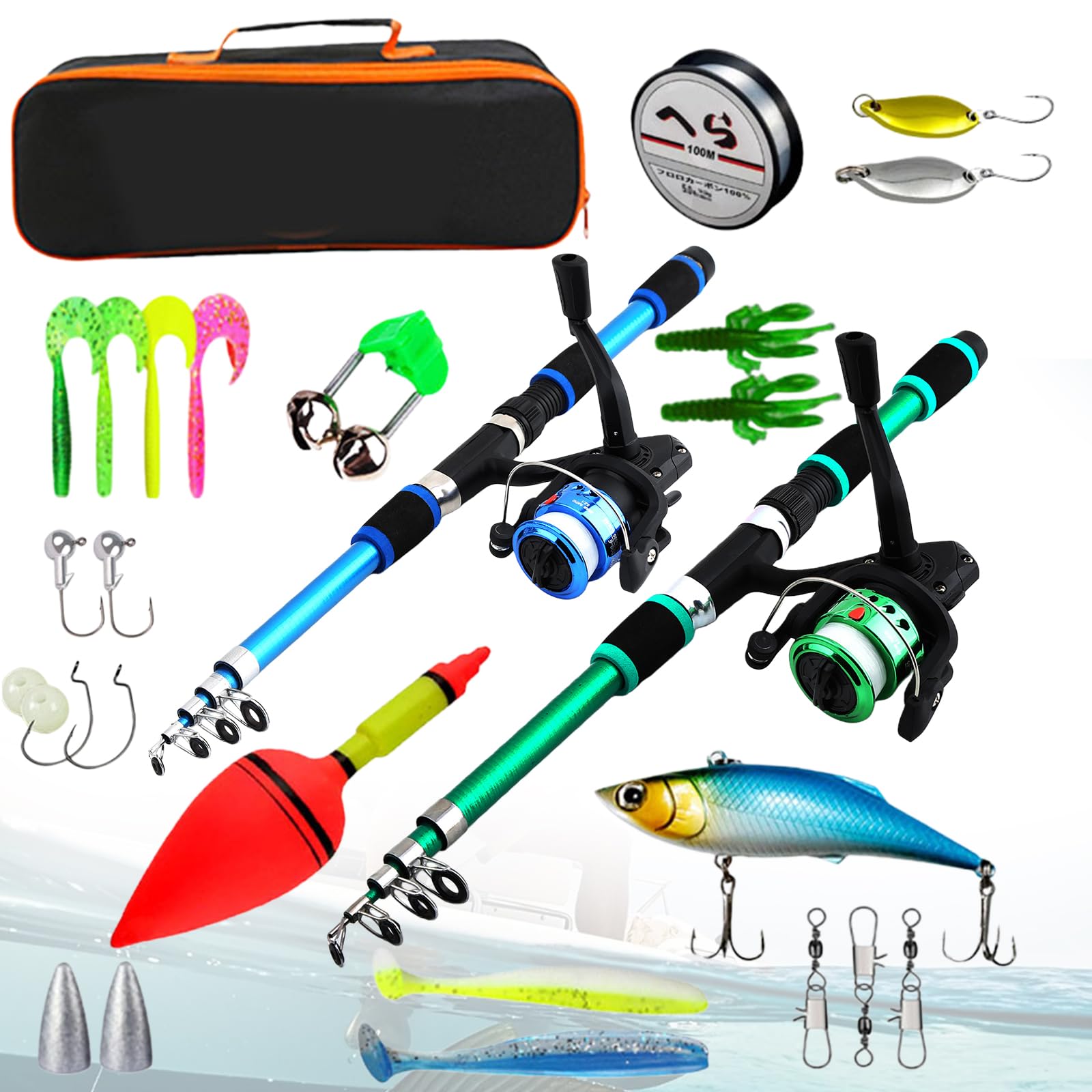 Kit de Canne à Pêche pour Enfants, Ensemble 2 Kit de Pêche pour Enfants, 1.8 M Télescopique Canne et Moulinet avec Moulinet Spincast pour Débutants,Kit D'initiation à La Pêche avec Sac